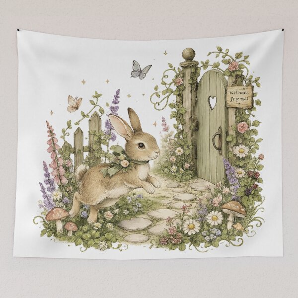 Item preview, Welcome Friends Cute Bunny Secret Garden Cottagecore Rabbit Art designed and sold by inkoutninja.