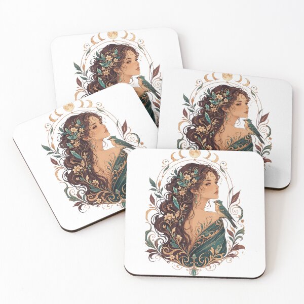 Item preview, Mystical Moon Goddess Art Nouveau Woman Floral Celestial Fantasy Portrait designed and sold by inkoutninja.