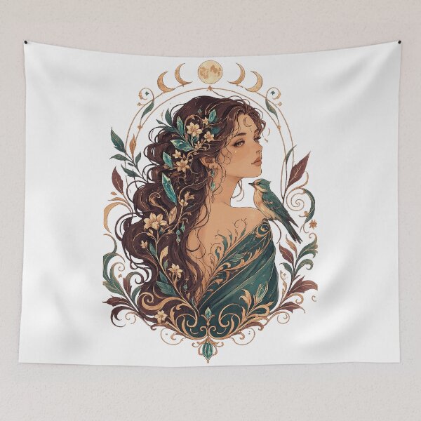Item preview, Mystical Moon Goddess Art Nouveau Woman Floral Celestial Fantasy Portrait designed and sold by inkoutninja.