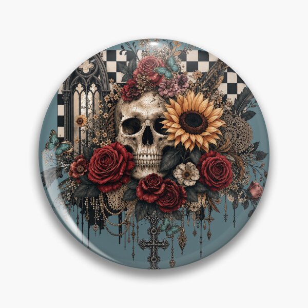 Item preview, Gothic Floral Skull with Roses, Sunflowers & Boho Checkerboard designed and sold by DrewRomeoCo.