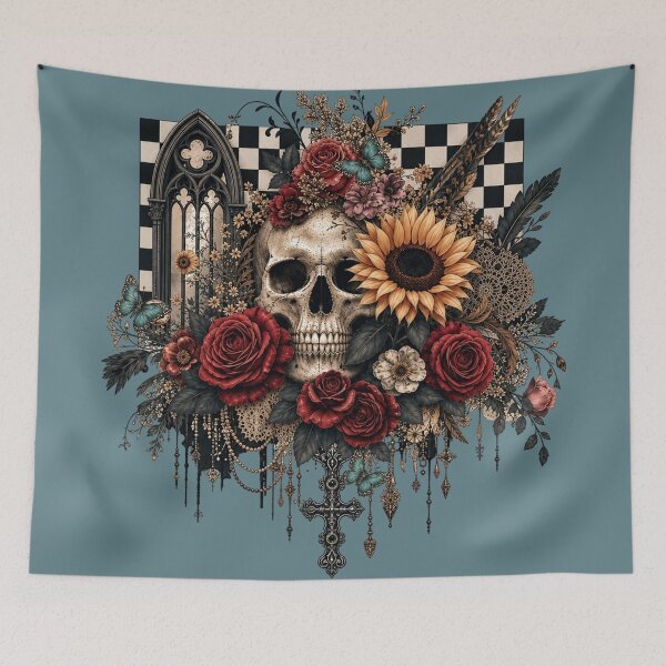 Item preview, Gothic Floral Skull with Roses, Sunflowers & Boho Checkerboard designed and sold by DrewRomeoCo.