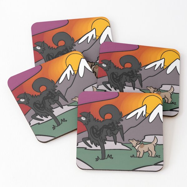 Item preview, Stylized Cartoon Wolves at Sunset with Snowy Mountains designed and sold by lcnsdjstrtrystd.