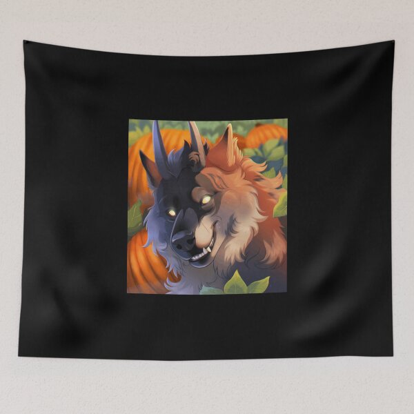 Item preview, Half Dark Half Light Wolf Portrait with Glowing Eyes and Pumpkin Background designed and sold by lcnsdjstrtrystd.