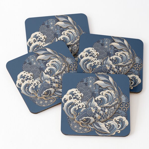 Item preview, Japanese Koi Fish Embroidery – Indigo Sashiko Wave & Patchwork Art designed and sold by Emoji Emblems.