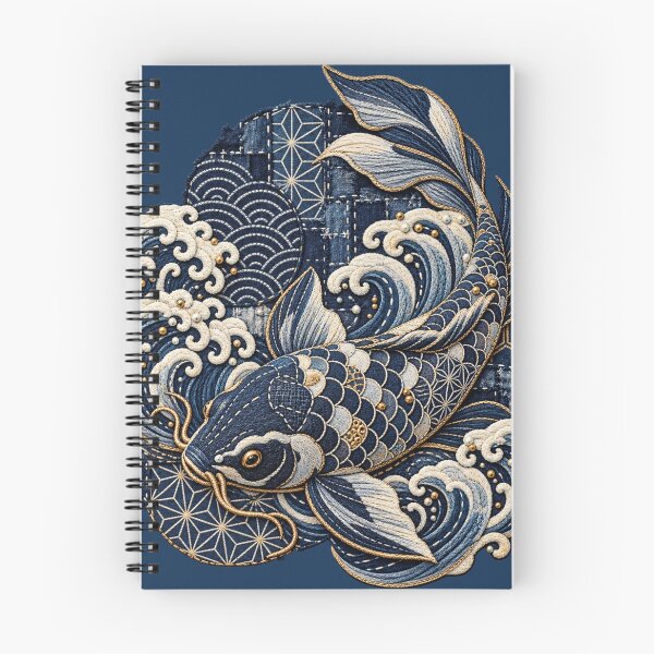 Item preview, Japanese Koi Fish Embroidery – Indigo Sashiko Wave & Patchwork Art designed and sold by Emoji Emblems.
