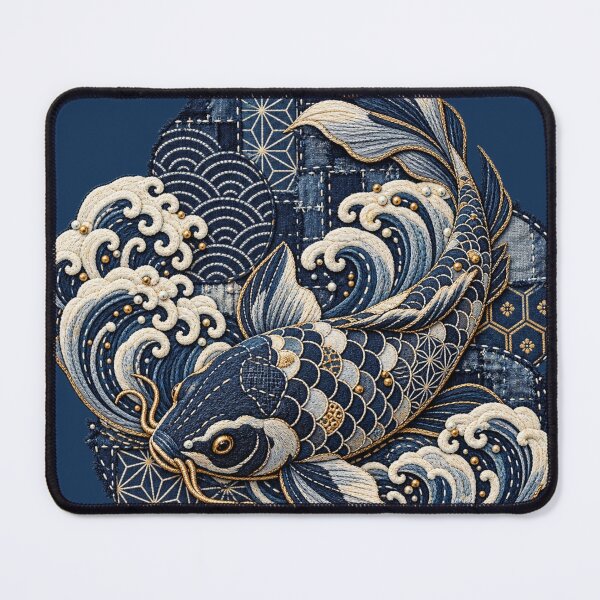 Item preview, Japanese Koi Fish Embroidery – Indigo Sashiko Wave & Patchwork Art designed and sold by Emoji Emblems.