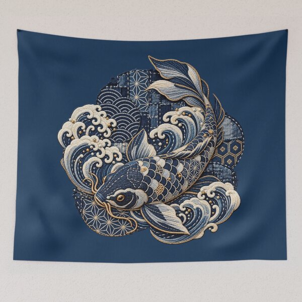 Item preview, Japanese Koi Fish Embroidery – Indigo Sashiko Wave & Patchwork Art designed and sold by Emoji Emblems.