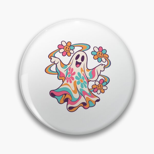 Item preview, Groovy Halloween Ghost with Smiley Flowers, Retro 70s Psychedelic Art, Cute Spooky Gift designed and sold by Greemo03.