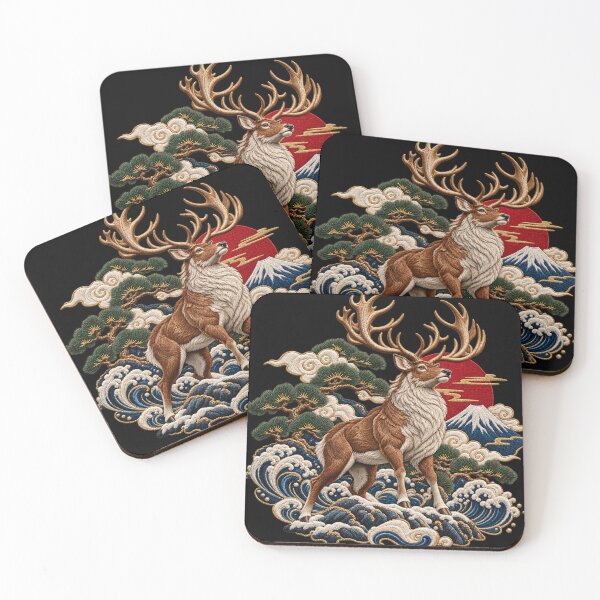 Item preview, Japanese Deer Embroidery – Antlered Stag, Ocean Waves & Mountain Art designed and sold by Emoji Emblems.