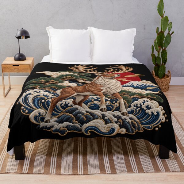 Item preview, Japanese Deer Embroidery – Antlered Stag, Ocean Waves & Mountain Art designed and sold by Emoji Emblems.