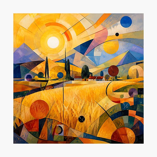 Item preview, Golden Wheat Fields Under Abstract Geometric Sun – Modernist Harvest Landscape designed and sold by Amalia Gutyz.
