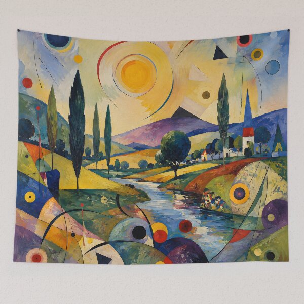 Item preview, Geometric Sun Over a Colorful Riverside Village – Abstract Modernist Landscape designed and sold by Amalia Gutyz.