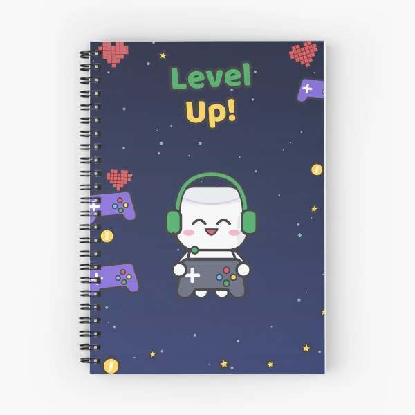 Level Up - Cute Gamer Marshmallow Pip with Controller and Headset — Spiral Notebook by BiMood
