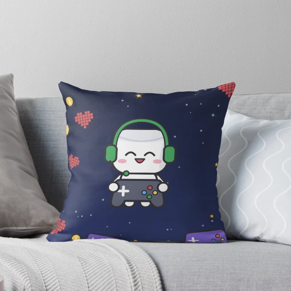 Level Up - Cute Gamer Marshmallow Pip with Controller and Headset — Throw Pillow by BiMood