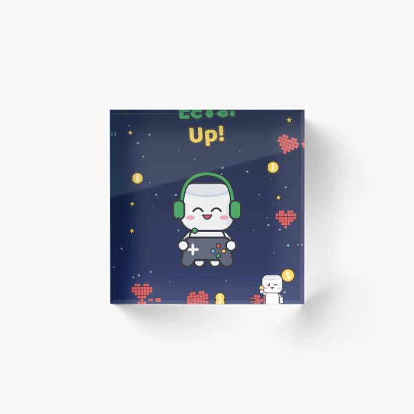 Level Up - Cute Gamer Marshmallow Pip with Controller and Headset — Acrylic Block by BiMood