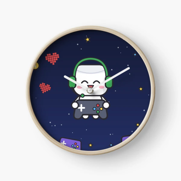 Level Up - Cute Gamer Marshmallow Pip with Controller and Headset — Clock by BiMood