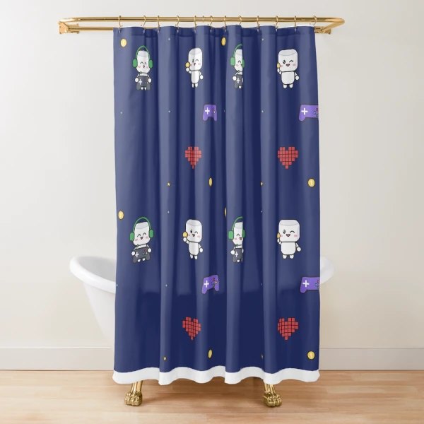 Level Up - Cute Gamer Marshmallow Pip with Controller and Headset — Shower Curtain by BiMood