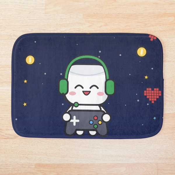 Level Up - Cute Gamer Marshmallow Pip with Controller and Headset — Bath Mat by BiMood