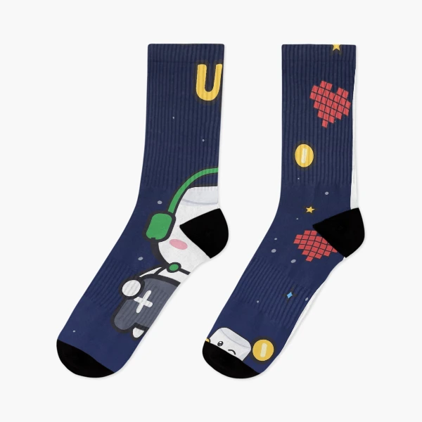 Level Up - Cute Gamer Marshmallow Pip with Controller and Headset — Socks by BiMood