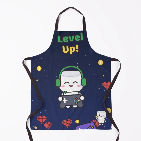 Level Up - Cute Gamer Marshmallow Pip with Controller and Headset — Apron by BiMood
