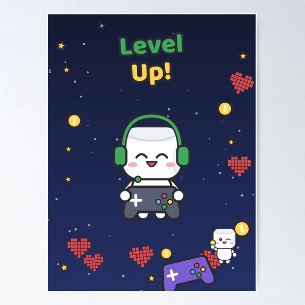 Level Up - Cute Gamer Marshmallow Pip with Controller and Headset — Poster by BiMood