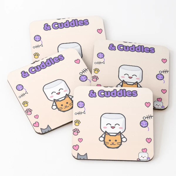 Cats and Cuddles - Cute Marshmallow Pip Hugging a Kitten — Coasters (Set of 4) by BiMood