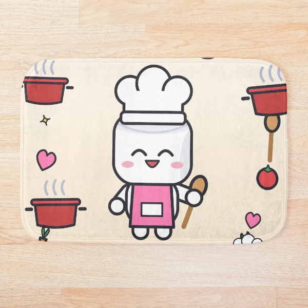Let's Get Cooking - Cute Chef Marshmallow Pip with Wooden Spoon — Bath Mat by BiMood