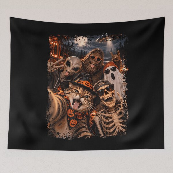 Item preview, Halloween Cat Selfie Witch Skeleton Alien Bigfoot Ghost Ufo designed and sold by Alzasshop.