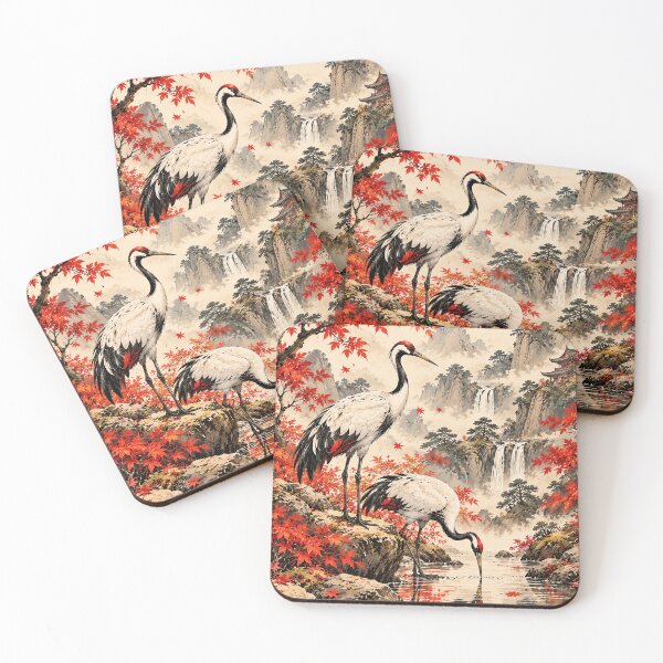 Item preview, Japanese Red Crown Cranes Autumn Landscape designed and sold by Curio Meridian.