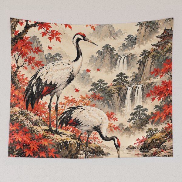 Item preview, Japanese Red Crown Cranes Autumn Landscape designed and sold by Curio Meridian.
