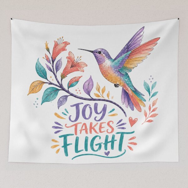 Item preview, Joy Takes Flight Colorful Hummingbird Inspirational Floral Quote Art designed and sold by inkoutninja.