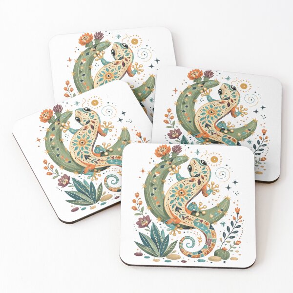 Item preview, Boho Gecko on Cactus Colorful Desert Lizard Botanical Wildlife Art designed and sold by inkoutninja.