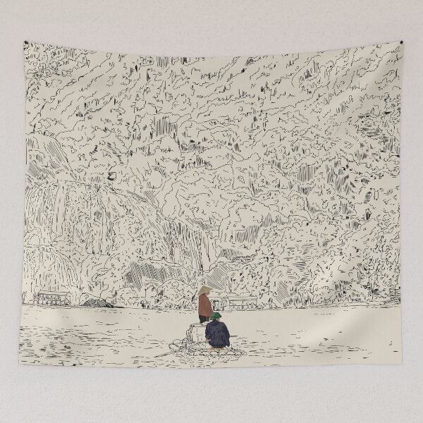 Item preview, Ban Gioc Waterfall Boatmen | Vietnam Line Art Landscape designed and sold by Francicci.