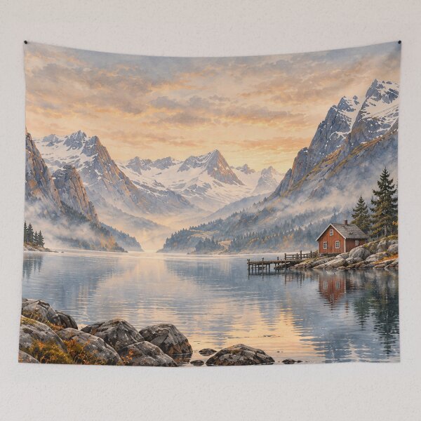 Item preview, Scandinavian Mountain Lake at Sunset – Cozy Red Cabin Landscape designed and sold by NordenPosters.