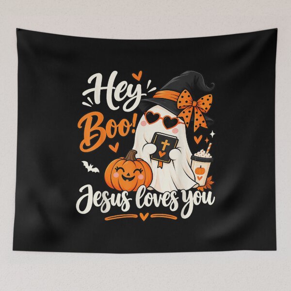 Item preview, Hey Boo Jesus Loves You Halloween Christian Spooky Season designed and sold by River Silva.