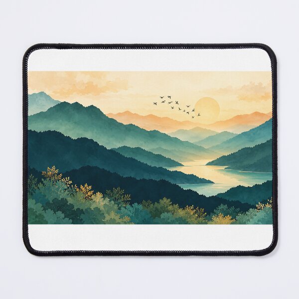 Item preview, Serene Mountain Lake Landscape – Teal Watercolor Nature Sunset Art designed and sold by LexaArtworks.