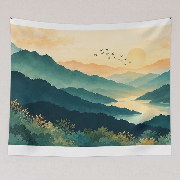 Item preview, Serene Mountain Lake Landscape – Teal Watercolor Nature Sunset Art designed and sold by LexaArtworks.