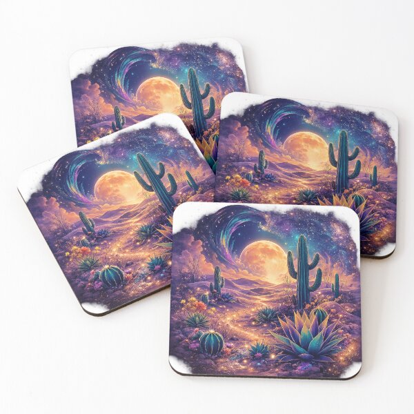 Item preview, Cosmic Desert Dream Glowing Moon Cactus Surreal Galaxy Landscape Art designed and sold by inkoutninja.