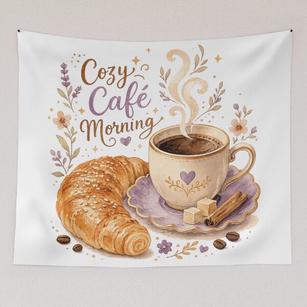 Item preview, Cozy Cafe Morning Coffee and Croissant Cottagecore Breakfast Art designed and sold by inkoutninja.