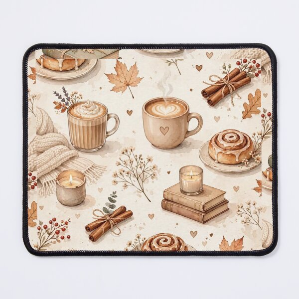 Item preview, Cozy Autumn Fall Seamless Pattern - Coffee Latte Cinnamon Rolls Candles Books designed and sold by Kiralemon.