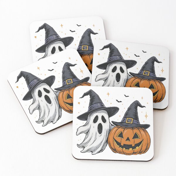 Item preview, Cute Halloween Ghost and Jack O Lantern Wearing Witch Hats – Spooky Fall Art designed and sold by Raviko82.