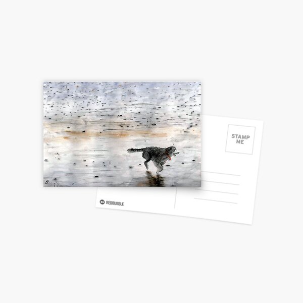 Dog Running On The Beach Watercolor Postcard