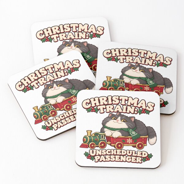 Item preview, Christmas Train Unscheduled Passenger Fluffy Tuxedo Cat Holiday designed and sold by UvooArt.