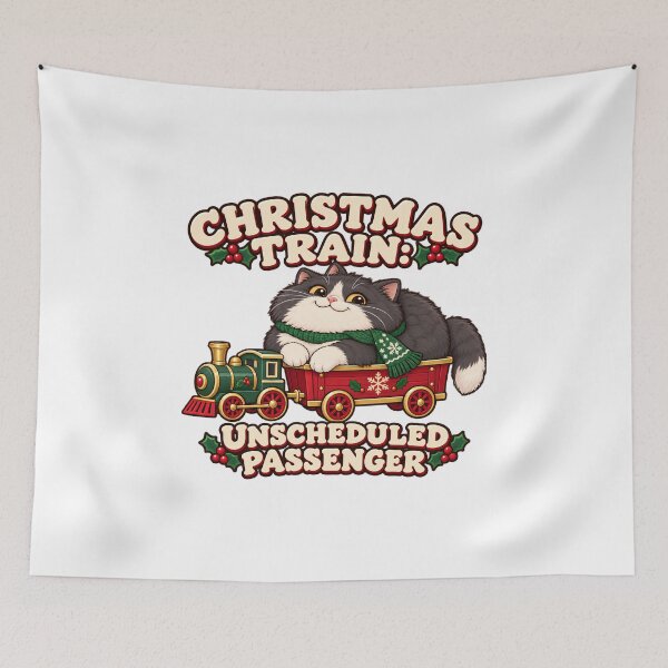 Item preview, Christmas Train Unscheduled Passenger Fluffy Tuxedo Cat Holiday designed and sold by UvooArt.