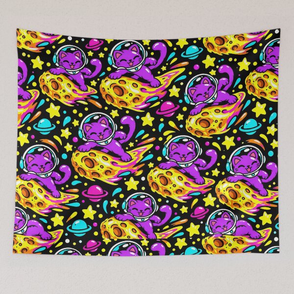 Item preview, Sleepy Cosmic Cat Resting on Neon Saturn designed and sold by Thai Vibe Studio.