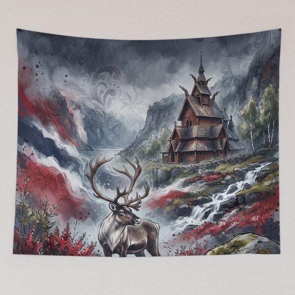 Item preview, Reindeer Stave Church Waterfall Nordic Landscape Watercolor Illustration designed and sold by VPanPrint.