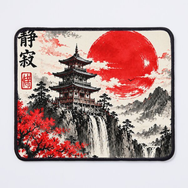 Item preview, Japanese Pagoda Waterfall – Red Sun & Crimson Maple Zen Landscape designed and sold by NordenPosters.