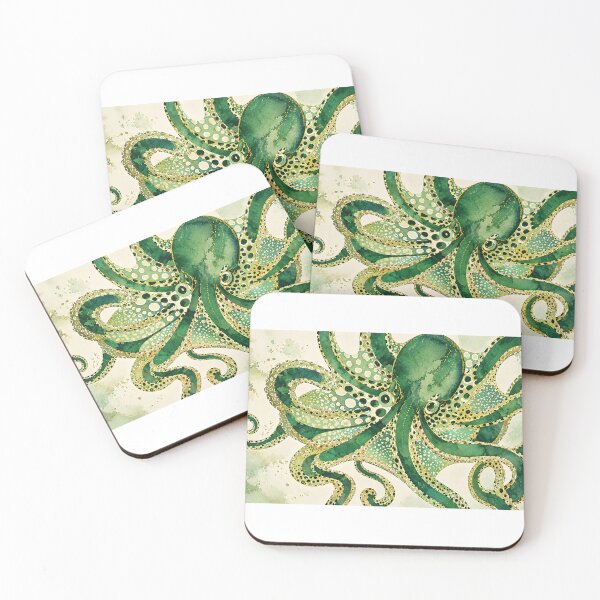 Item preview, Green Octopus Watercolor Art – Botanical Ocean Creature Pattern designed and sold by LexaArtworks.