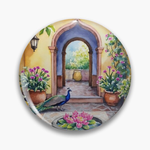 Item preview, Enchanted Courtyard with Peacock and Lotus Fountain designed and sold by Dream Bloom Gallery.