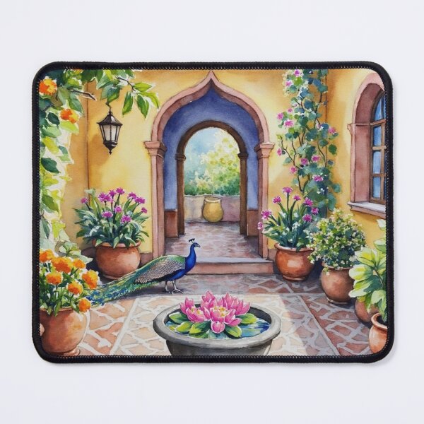 Item preview, Enchanted Courtyard with Peacock and Lotus Fountain designed and sold by Dream Bloom Gallery.